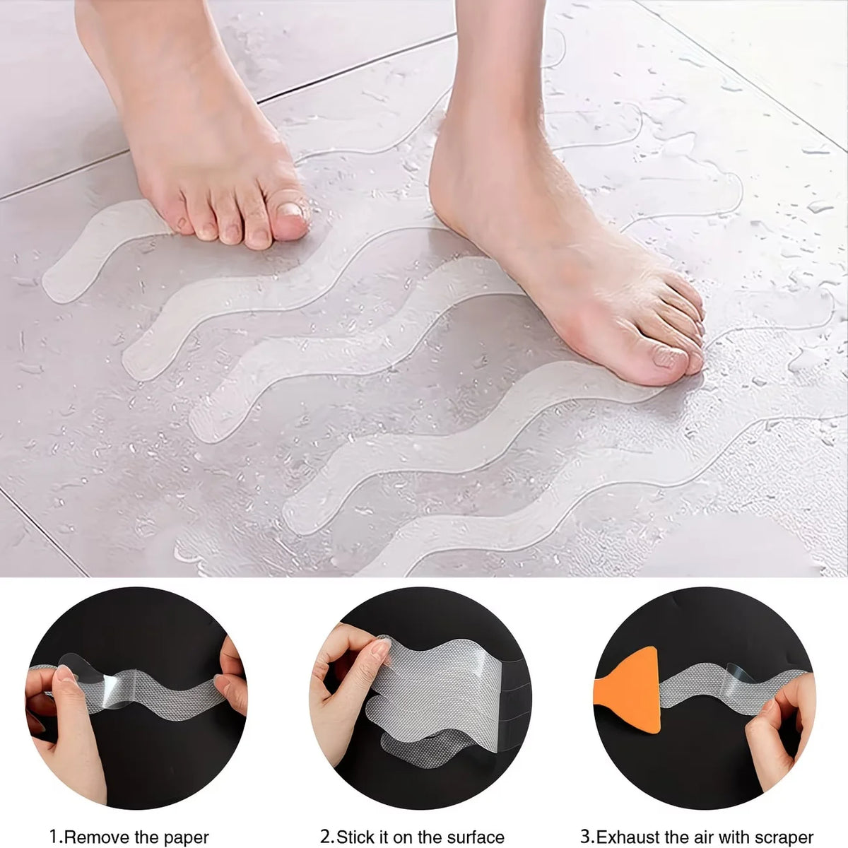bandes antidérapantes autocollantes transparentes douche baignoire escalier sol sécurité maison motif rayures