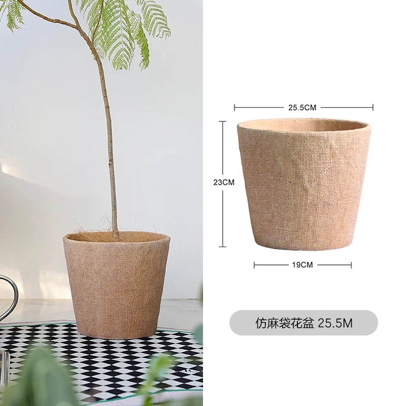 Pot plante tissé marron clair moderne rustique plante verte graines noires serviette blanche