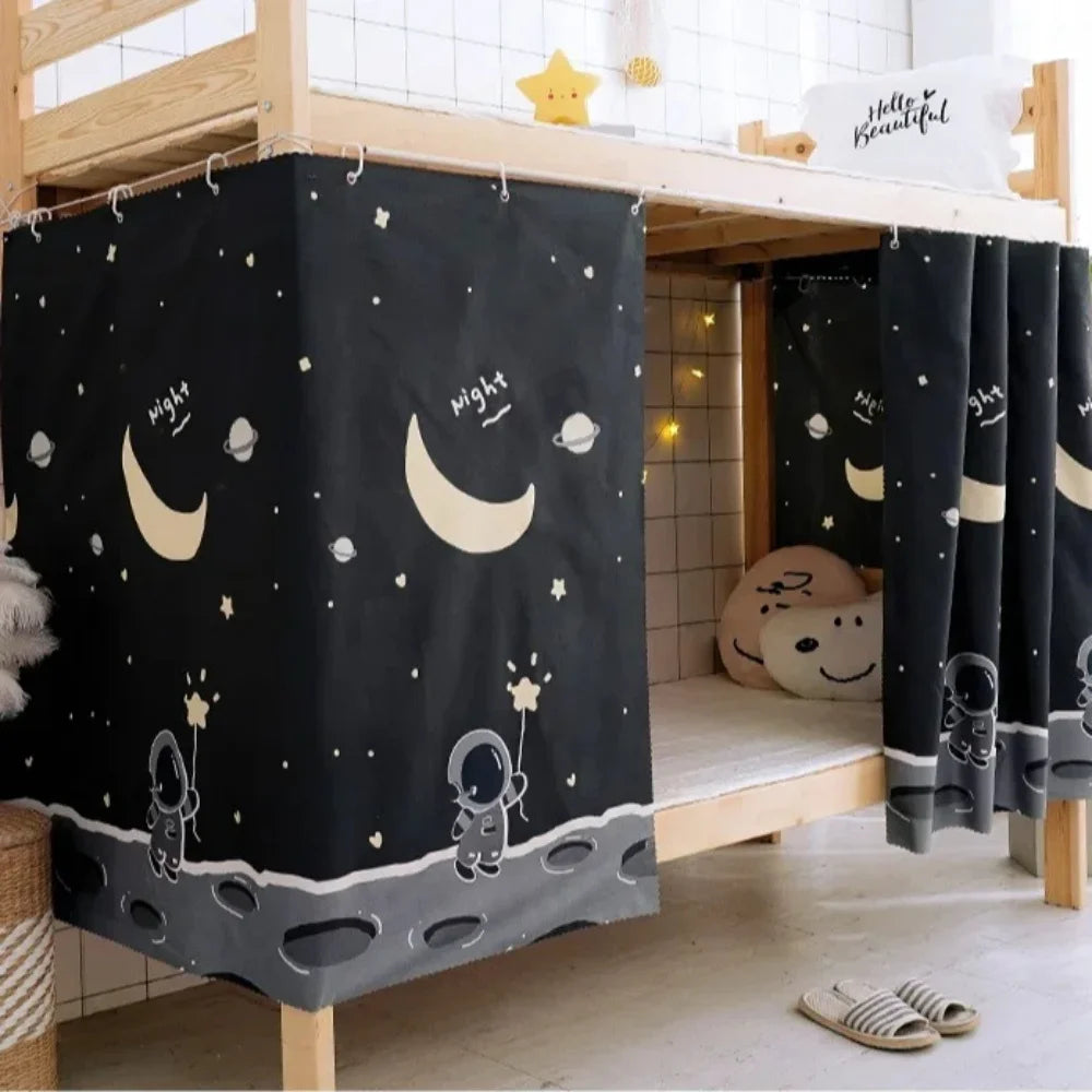 rideaux lit motif dessin animé occultants anti poussière étudiant lits superposés noir astronaute étoiles