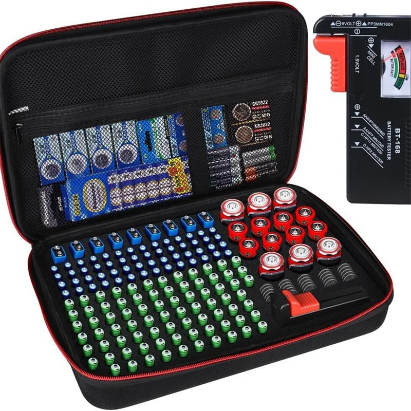 mallette rangement batteries texturée noir bordure rouge compartimentée piles button aaa aa 9v