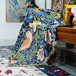couverture maison vintage motif floral oiseaux bleu marine beige vert rose blanc polyester coton