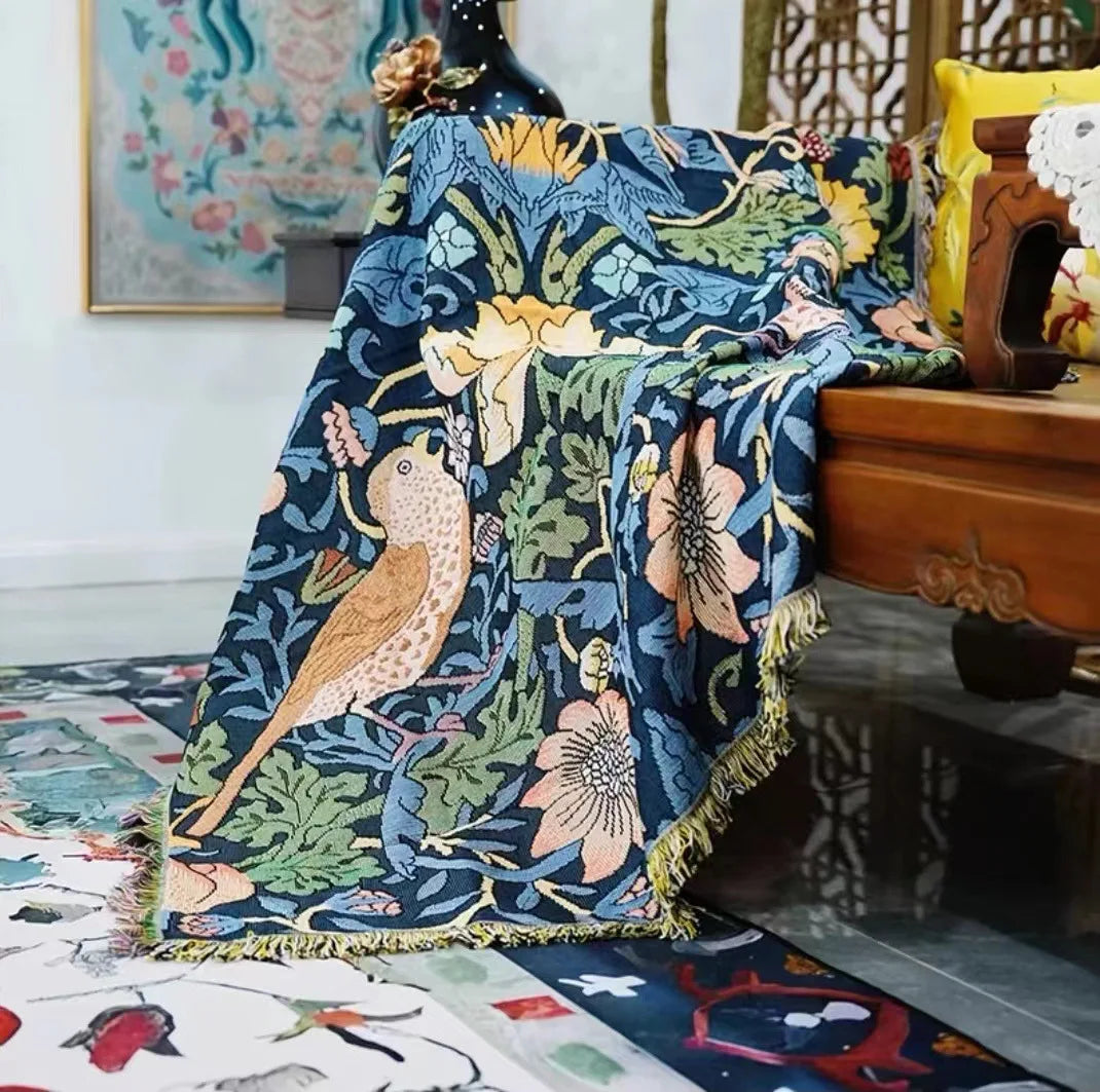 couverture maison vintage motif floral oiseaux bleu marine beige vert rose blanc polyester coton