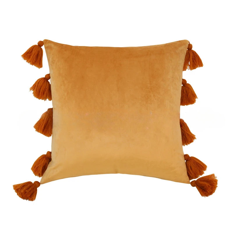 housse coussin velours moderne bohème couleur unie pompon décoratif 45x45cm