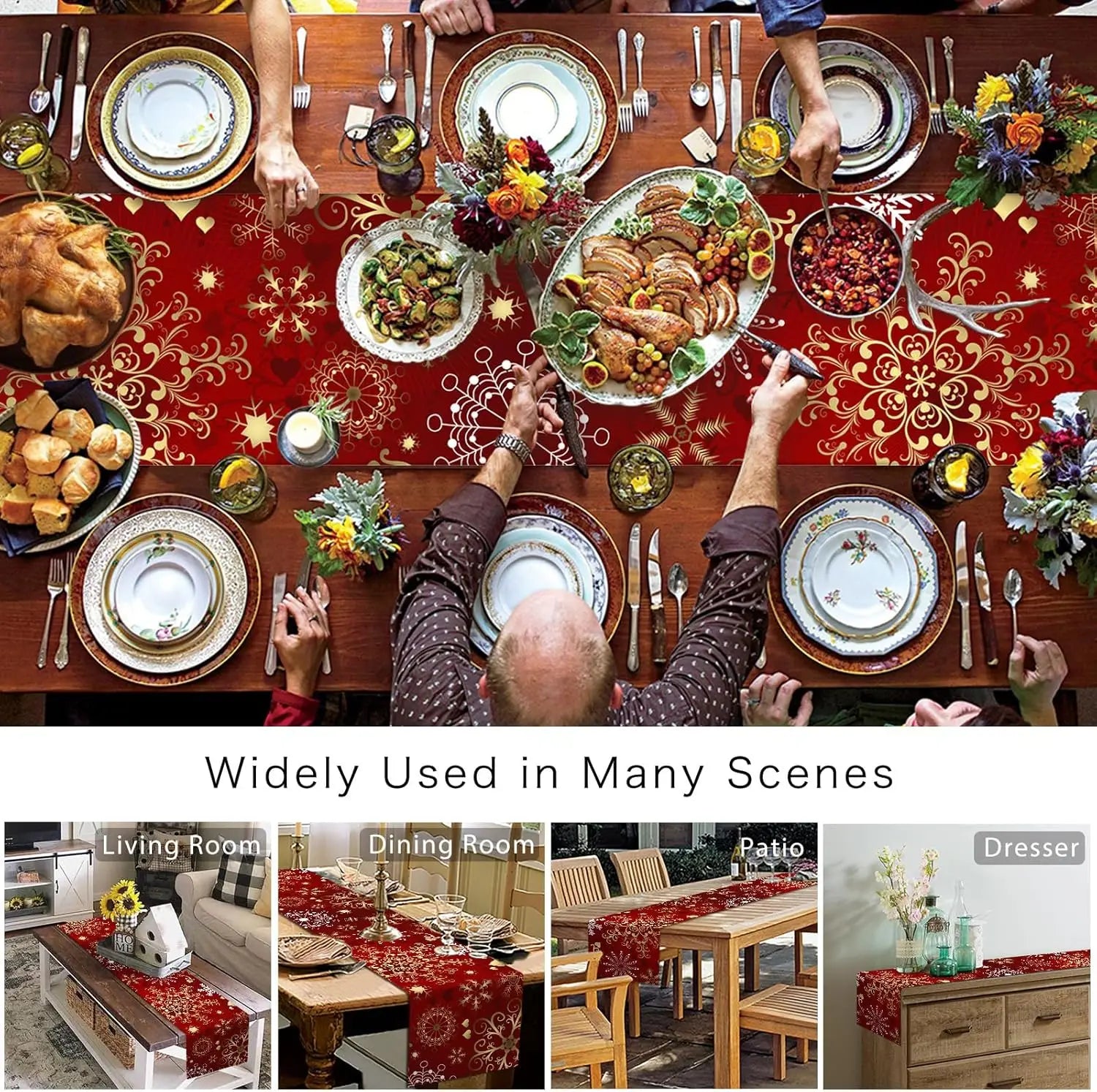 Cette nappe rouge ornée de motifs floraux décore une table remplie de délicieux plats pour un repas festif, à la fois chaleureux et harmonieux dans différents intérieurs.