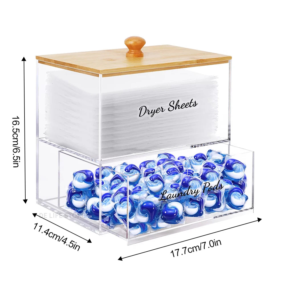boîte rangement transparente multifonctionnelle bois naturel étiquettes imperméables lessive lingettes repassage Pods pins booster