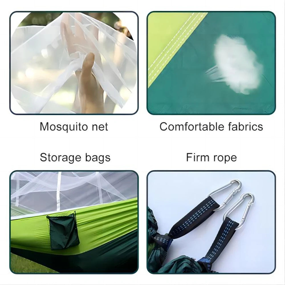 hamac double moustiquaire vert olive blanc tissu confortable transparent pratique léger