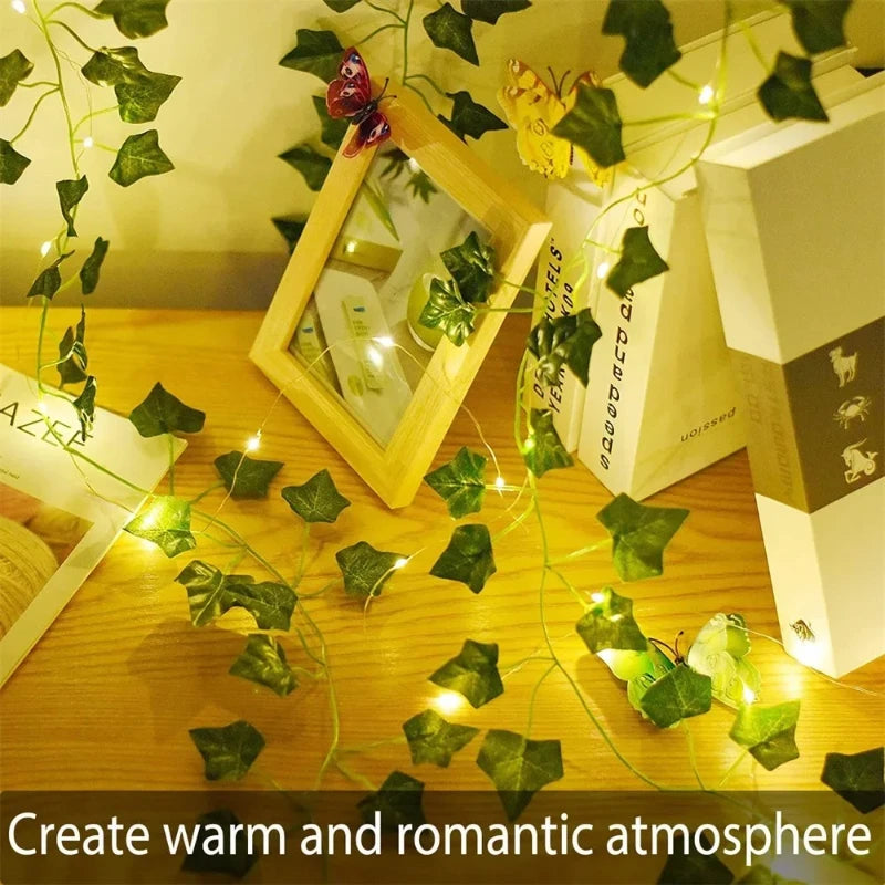 guirlande lumineuse artificielle feuilles vertes lumières led blanc decoration intérieure extérieure noël moderne