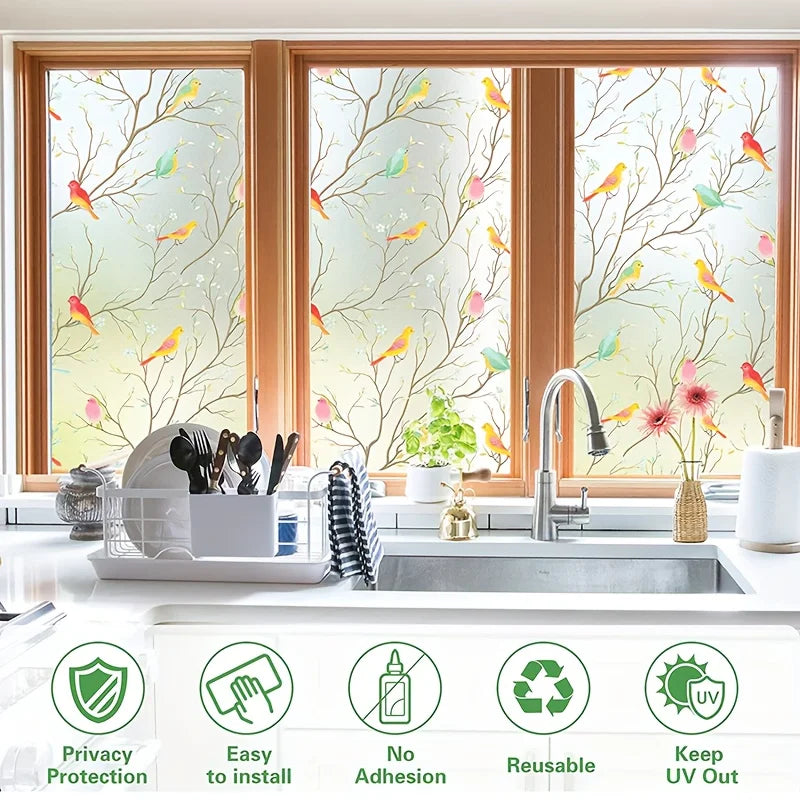 film décoratif statique multicolore branches fleurs oiseaux naturel isolation thermique uv 45cm 100cm