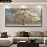 tableau moderne toile abstraite arbre doré branches nuages salon chambre