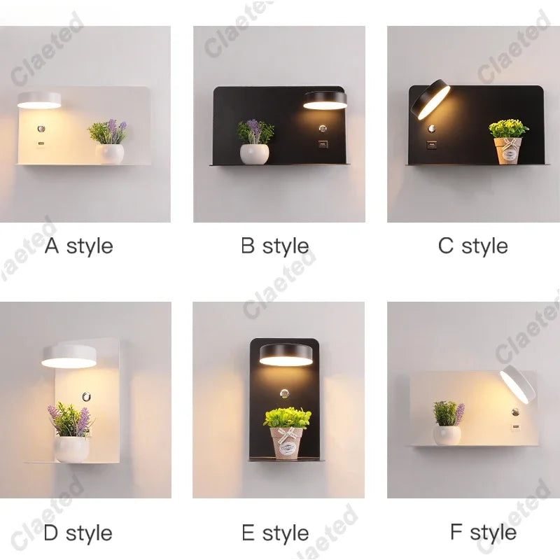 lampe murale moderne noire blanche tablette prise électrique câble charge contrôle