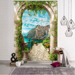 Tapisserie murale paysage rétro en tissu polyester sur un mur blanc