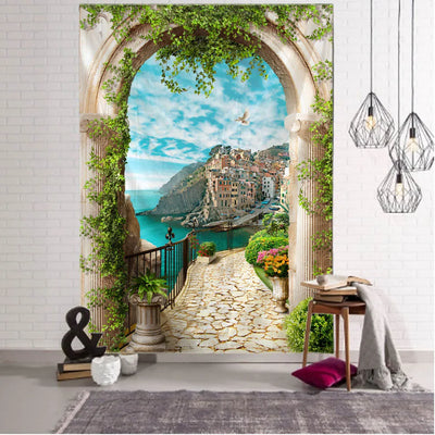 Tapisserie murale paysage rétro en tissu polyester sur un mur blanc