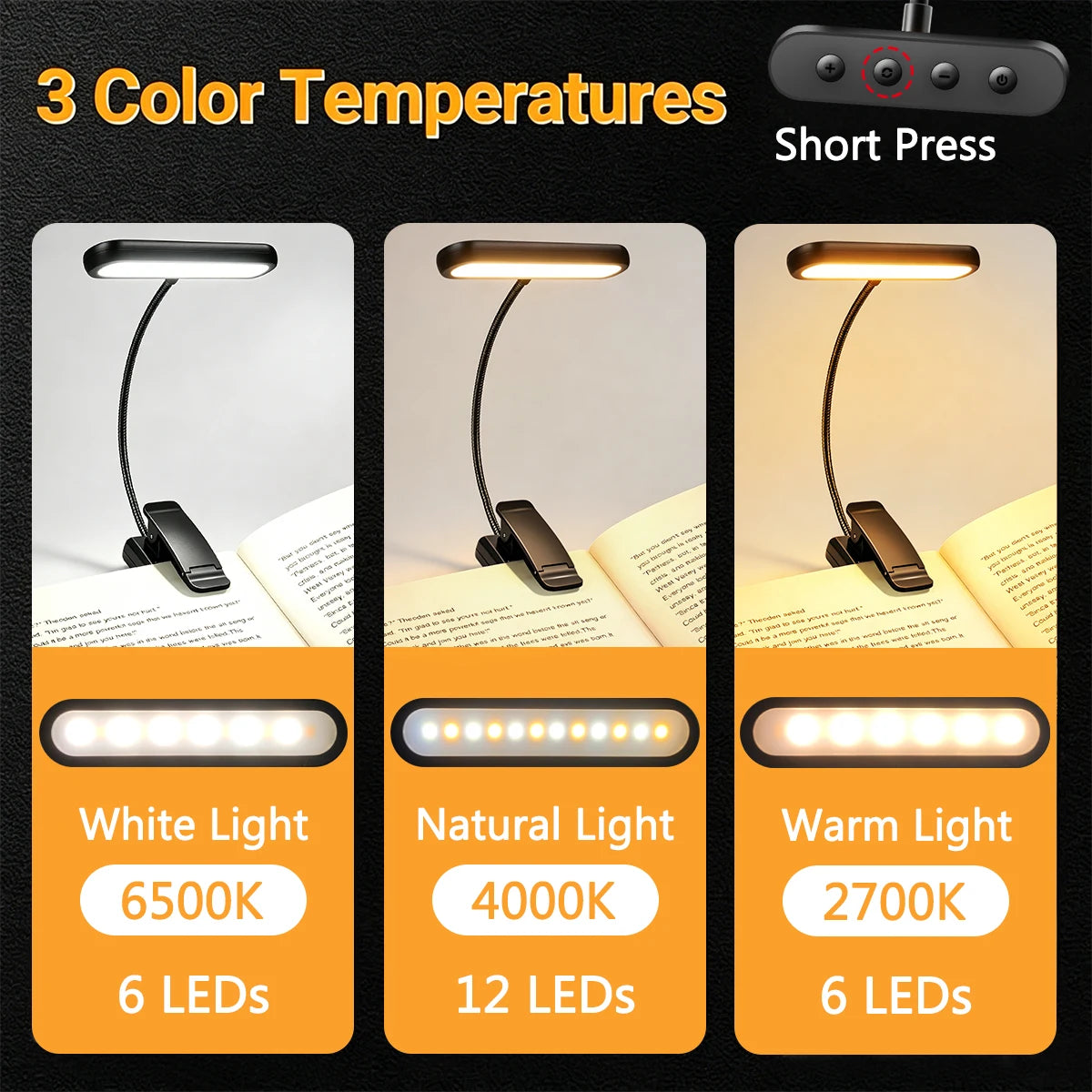 lampe clip led rechargeable 10 niveaux luminosité 600mha 12 leds noir blanc rose