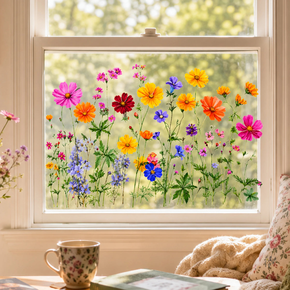 autocollants muraux fleurs multicolores deco maison balcon cuisine sans résidus réutilisables miroir variées feuilles
