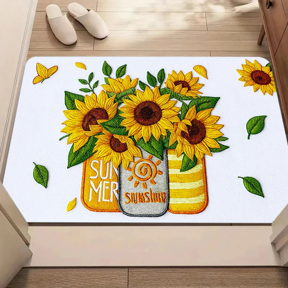 tapis moderne citrons feuilles tournesols summer sunshine extérieur résistant polyester bleu jaune vert blanc