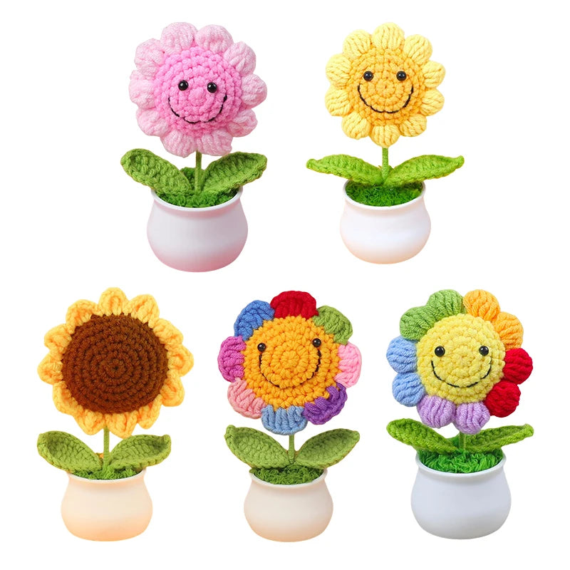 fleurs crochet jaune rose multicolore pot plastique feuilles vertes decoration maison creative enfantine