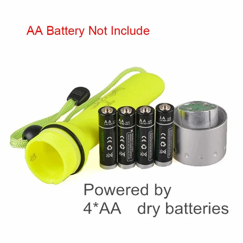 lampe torche sous marine vert fluo argent imprimée plongeur moderne pratique cordon serrure piles