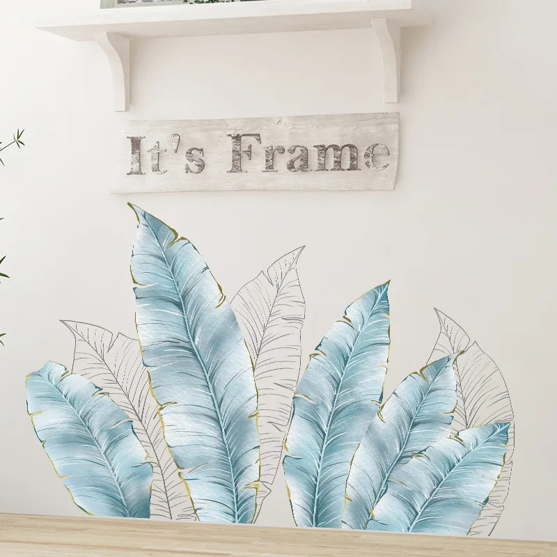 sticker mural feuilles palmier bleu clair blanc doré moderne décoration intérieure adhésif auto collant