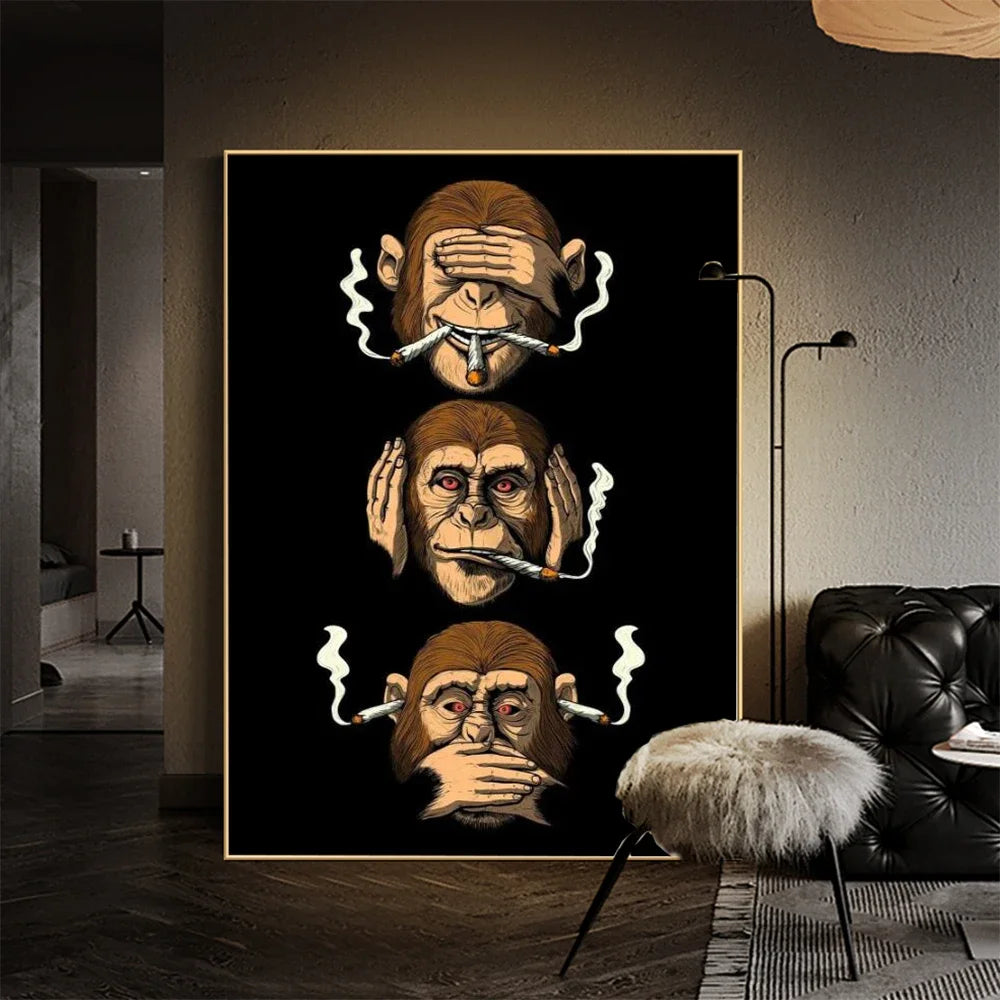 tableau abstrait singe fumant moderne pop art animal compagnie toile imprimée décoration maison salon