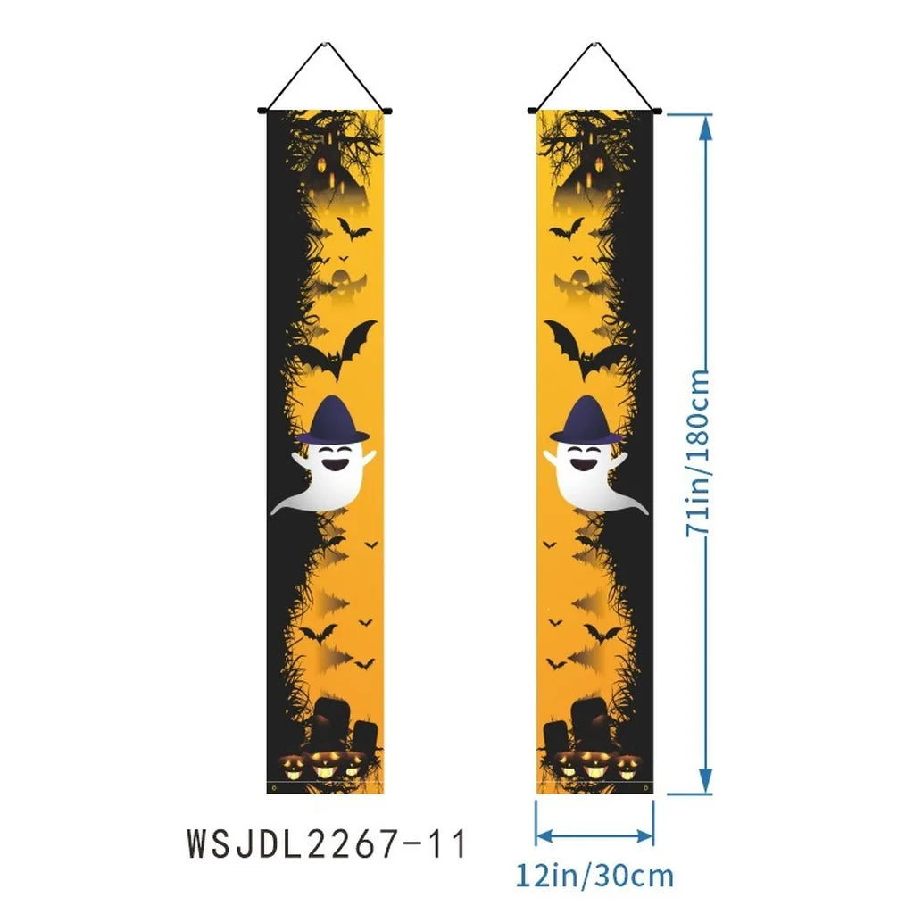 bannière suspendue halloween squelettes personnages costumés colonnes architecturales 180cm 30cm