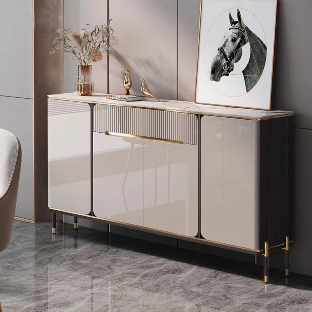 meuble rangement moderne beige marbre lignes dorées buffet étroit tiroir porte salon