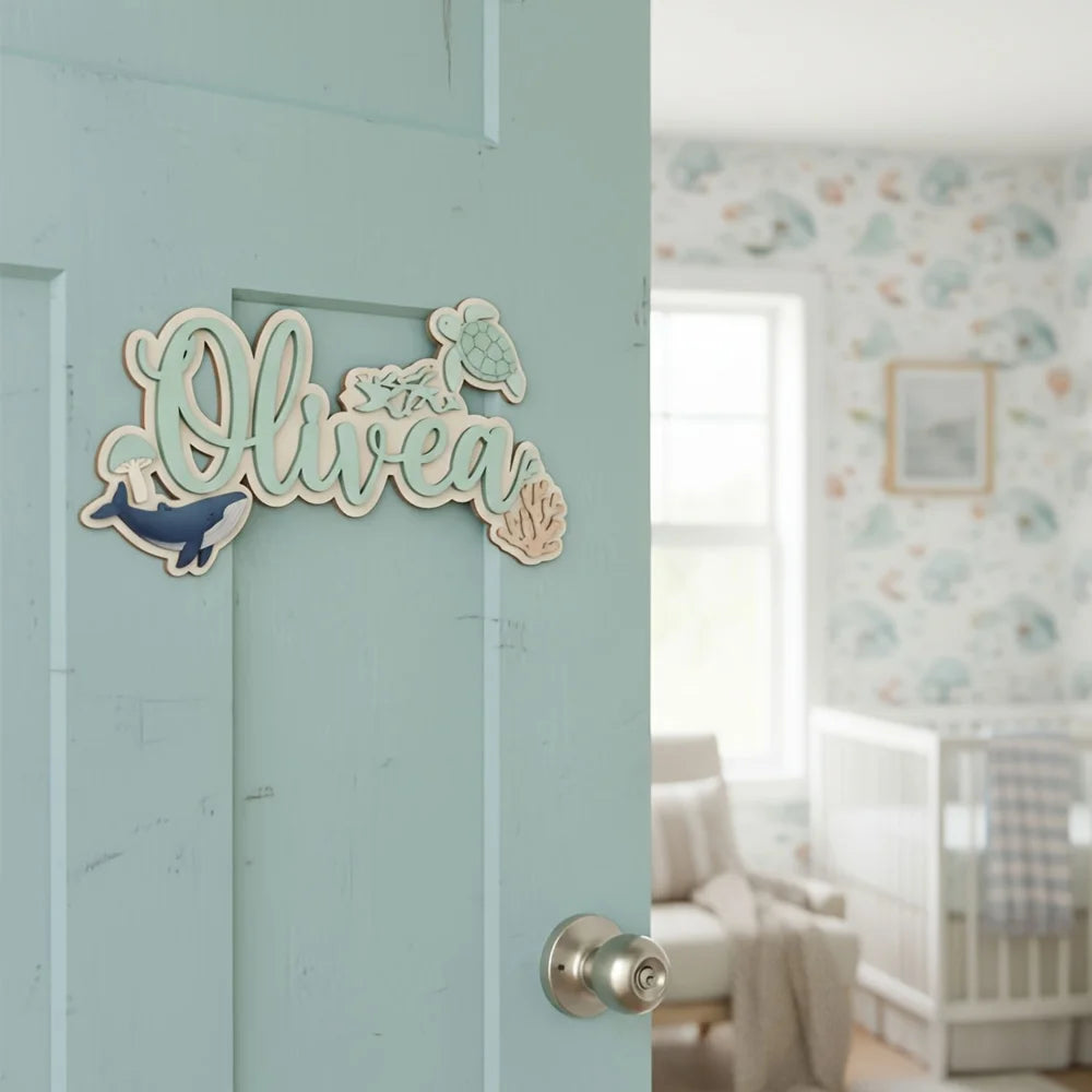 plaque porte personnalisable bois impression uv lettres animaux marins moderne vert pastel occasion fête
