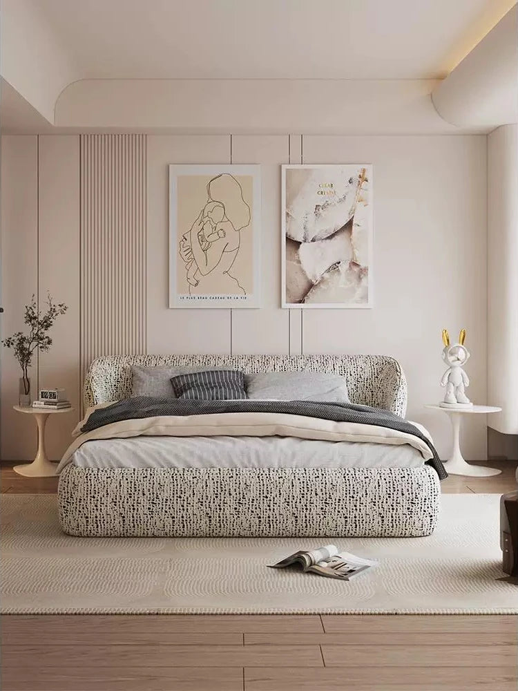 lit tissu texturé tête lit moderne minimaliste beige gris blanc chambre coucher matériaux bois