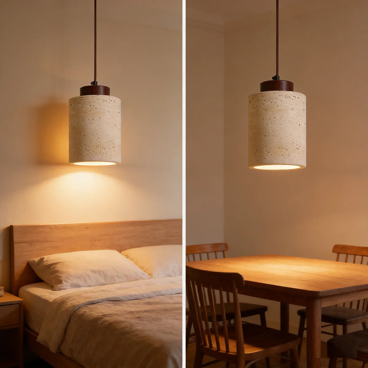 lampe suspendue moderne minimaliste pierre beige brun texture naturelle câble noir salon chambre principal