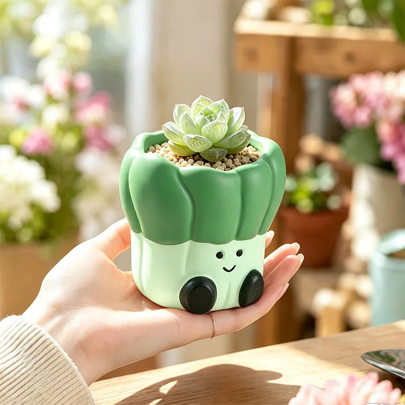 cache pot résine vert clair succulentes mignon visage souriant cactus décoration balcon
