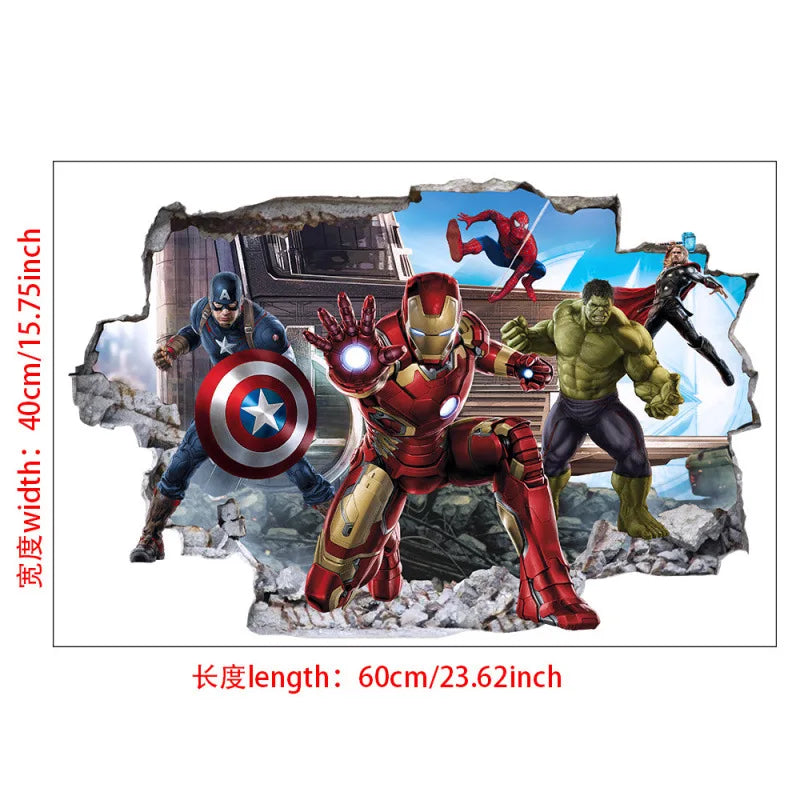 sticker mural 3d super héros hulk iron man captain america thor rouge bleu vert