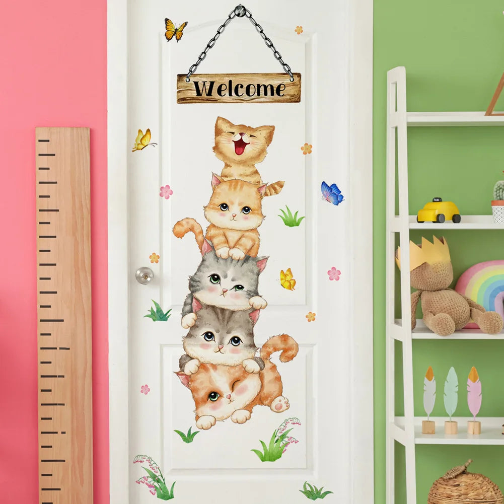 sticker mural dessin animé chatons empilés papillons fleurs welcome multicolore résistant eau chambre enfant