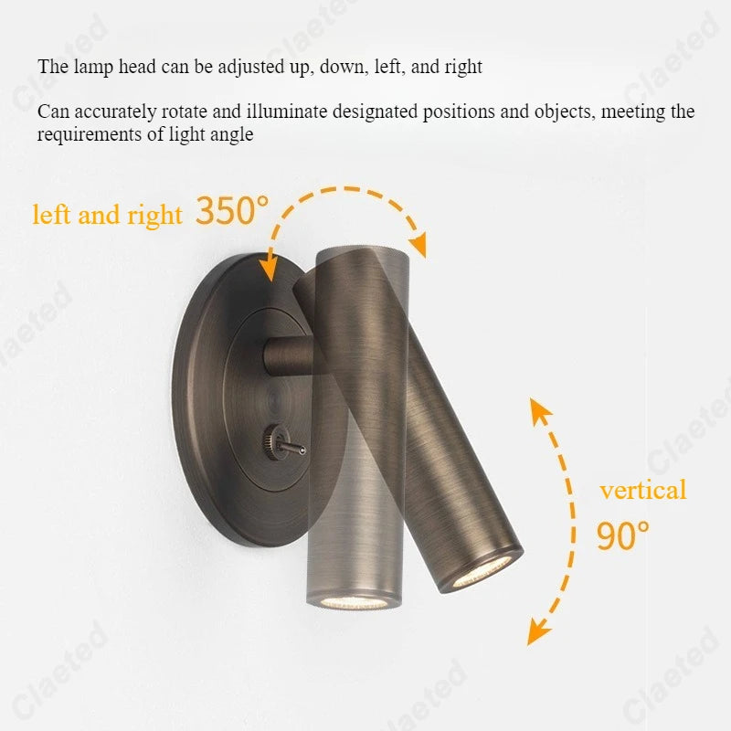 lampe murale moderne bronze lisse éclairage chambre étude interrupteur rotatif led 249lm 90260v