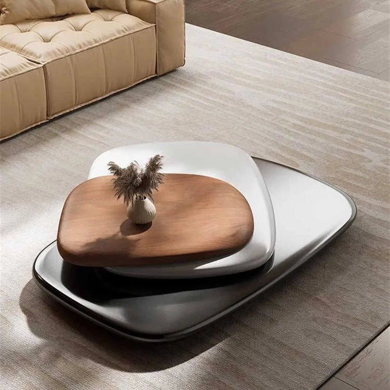 table basse moderne minimaliste bois métal noir beige clair fleurs sèches salon maison