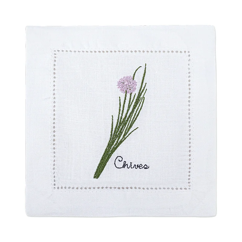 serviette cuisine lin blanc brodée motifs plantes aromatiques naturelle table élégante