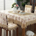 nappe table rectangulaire brodée fleurs roses beige doré bordure dentelle classique romantique