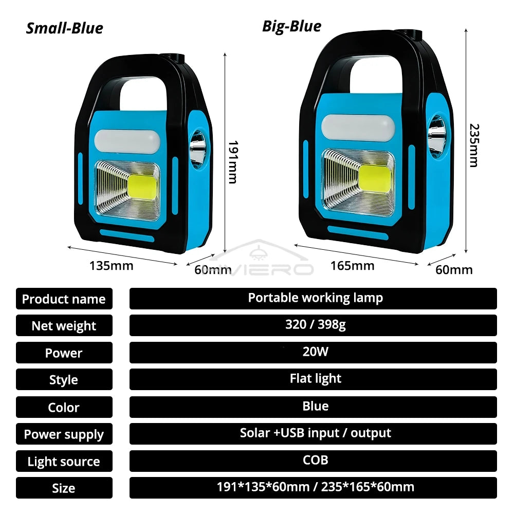 lampe portable solaire rechargeable urgence modes lumière camping extérieure bleu led cob