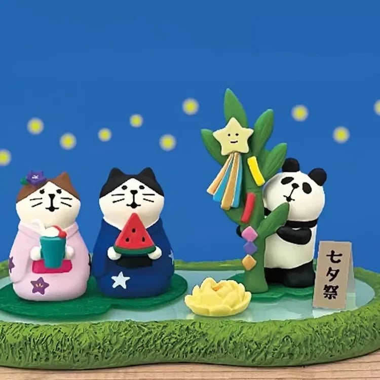 figurines animaux résine japonais motifs floraux étoiles couleurs vives pastèque kimono chapeau tasse