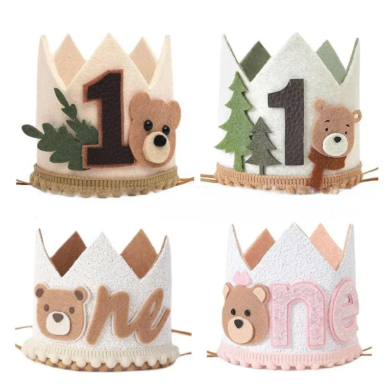 couronne anniversaire enfant ours glitter chiffre pompons arbre rose marron vert festiveDecoration