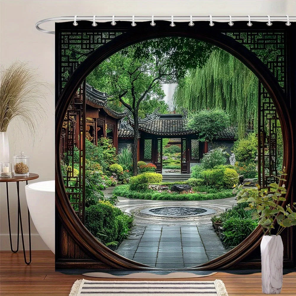rideau douche asiatique jardin chinois noir vert marron blanc argentés polyester