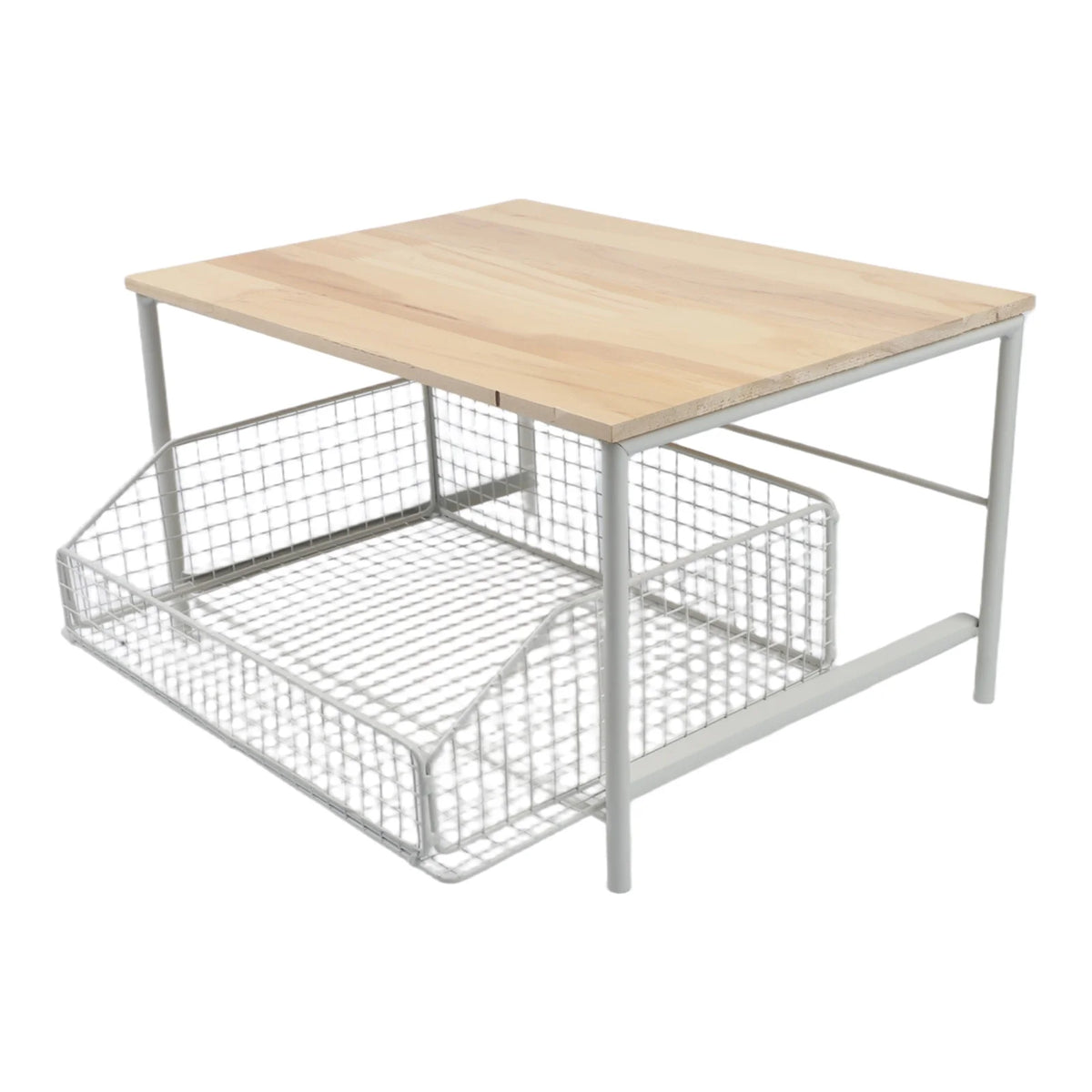 organisateur comptoir acier blanc noir paniers coulissants plateau imitation bois rangement cuisine étagère multifonction