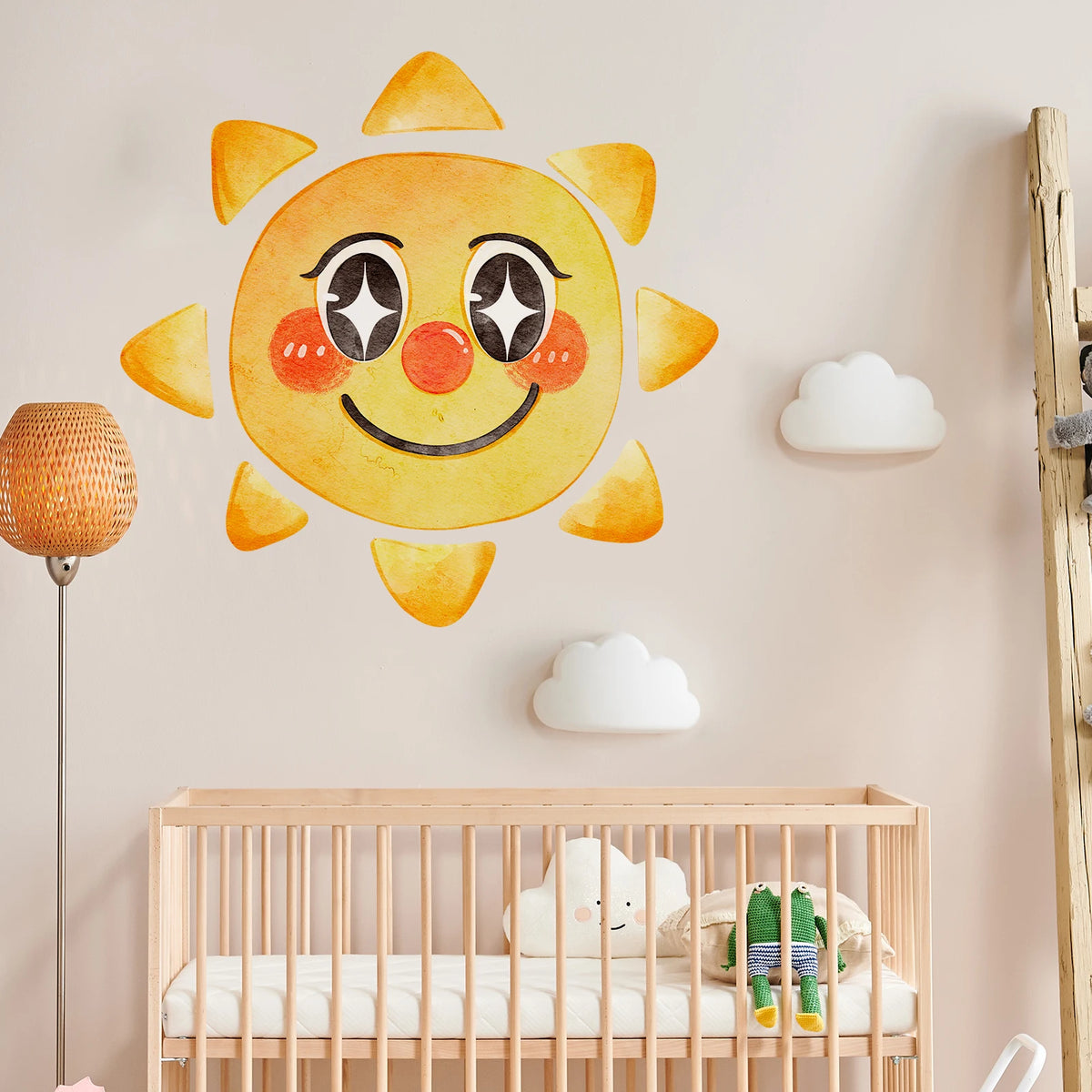 stickers muraux dessin animé soleil souriant arc ciel enfant chambre salon decoration murale jaune