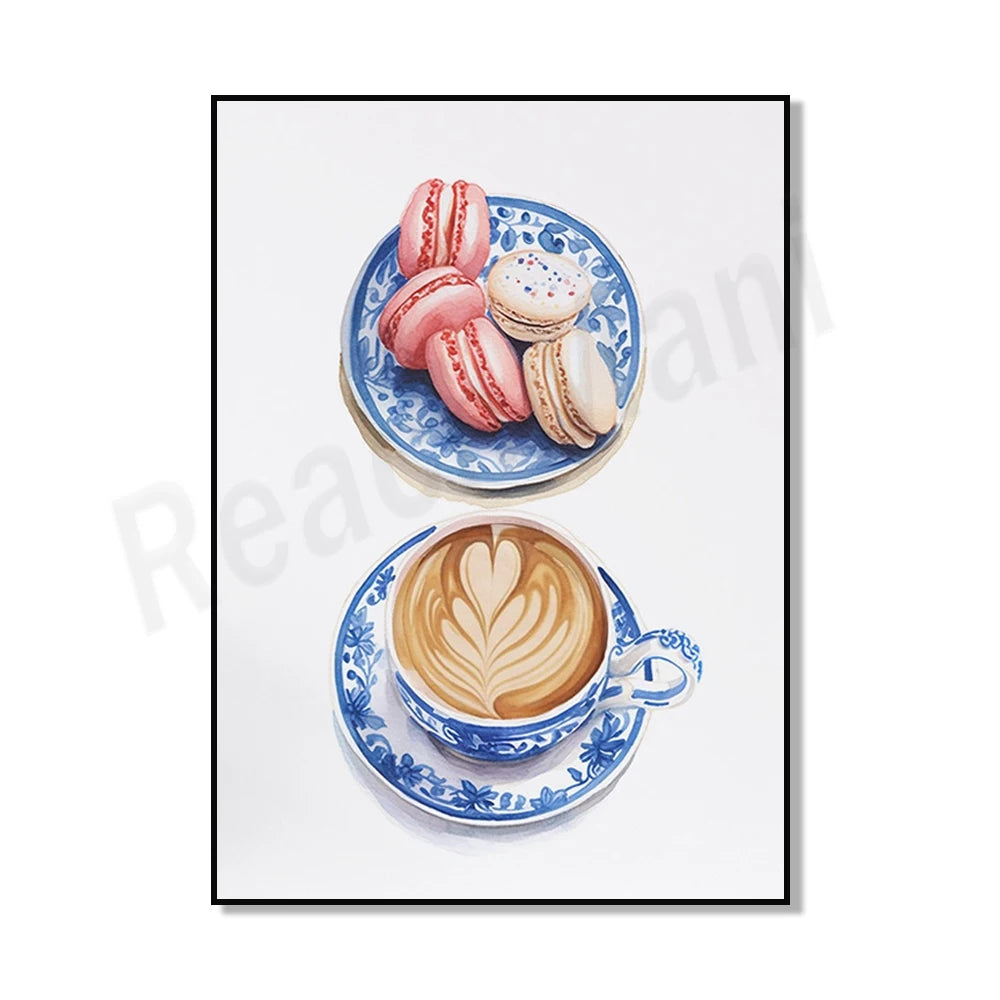 Une tasse de café chaud avec un motif art latte et une assiette de délicieux macarons colorés posés sur un fond blanc.