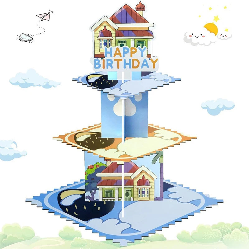 support anniversaire chien bleu maison cupcakes gâteau étages décors thème enfantin festif decorations patte