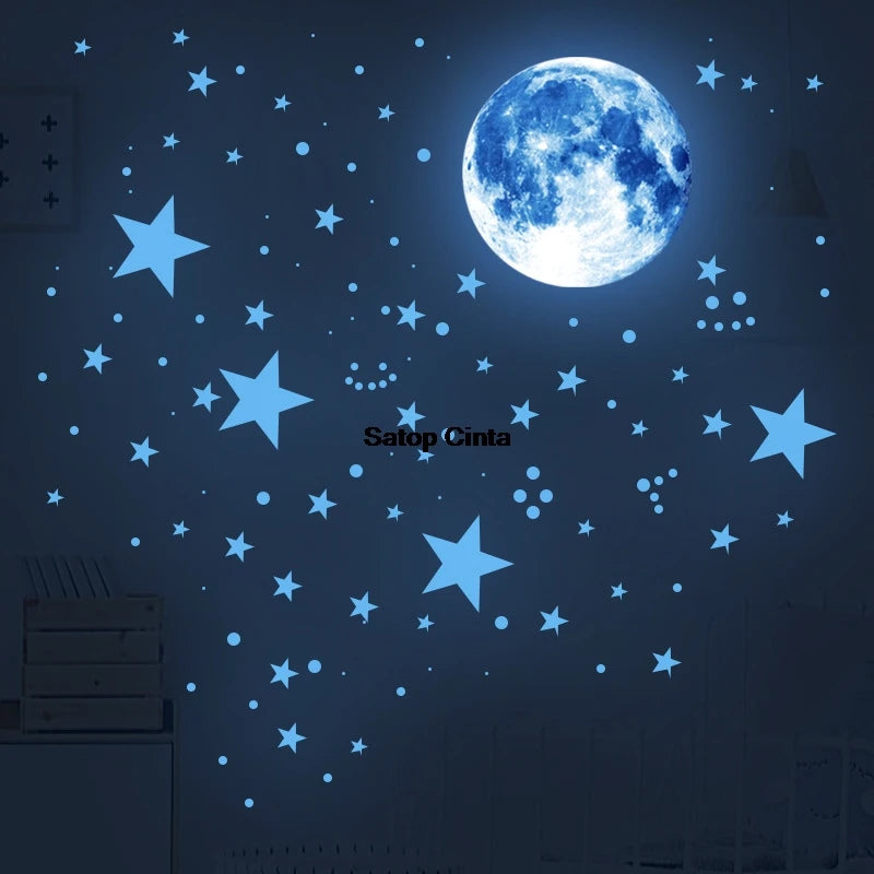 Stickers muraux étoiles lune points bleus verts blancs adhésifs chambre enfant décoration moderne glow