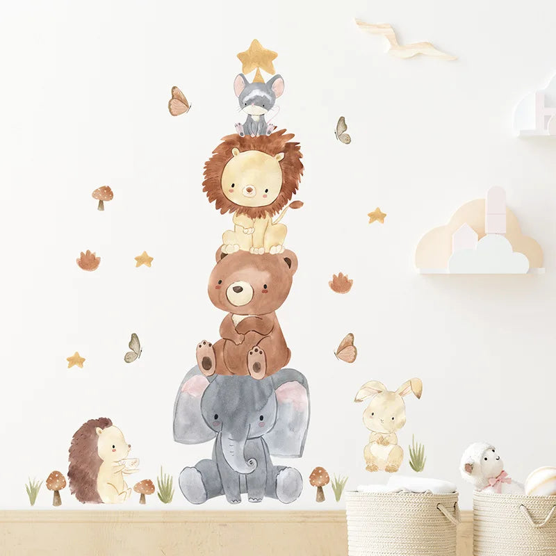 autocollant mural animaux forêt dessin animé décoration chambre bébé fille garçon sticker murale pvc