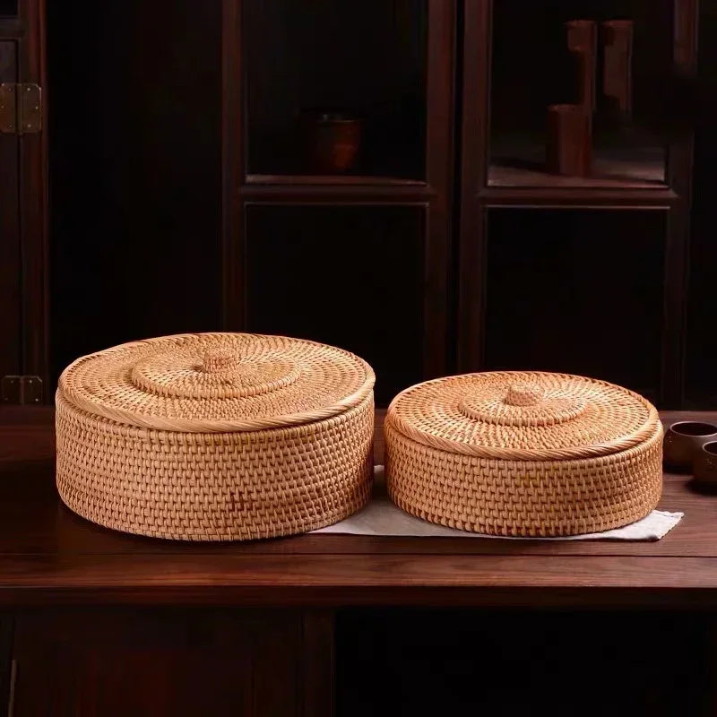 panier rotin tissé main couvercle rangement thé fruit gâteau snack naturel traditionnel artisanal