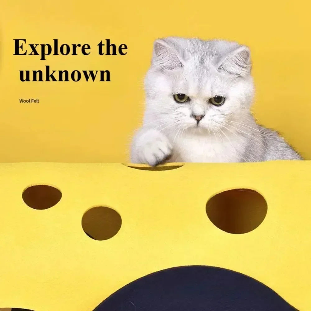 tunnel chat jaune marron gris orange imitation fromage feutre ludique amusant pliable activité jouet