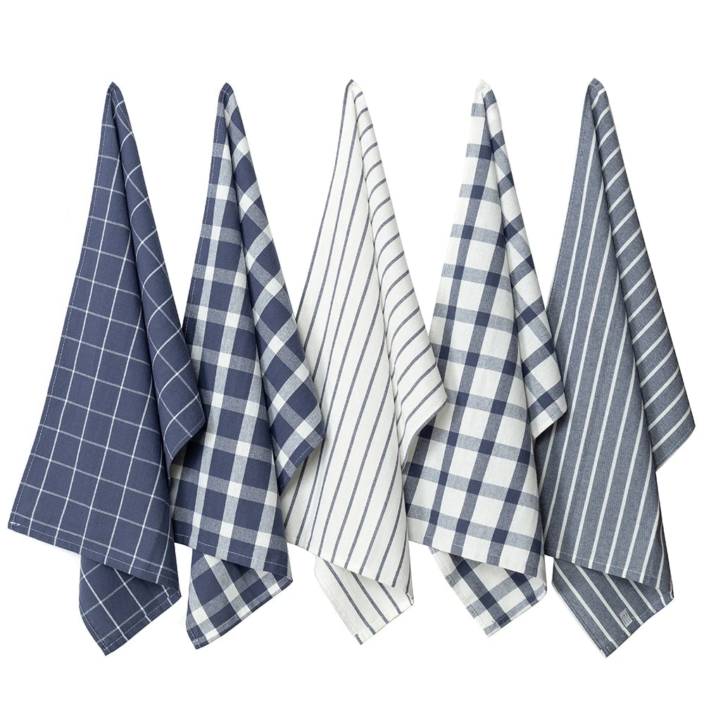 serviettes cuisine coton bleu marine blanc carreaux rayures classiques 45x70cm ensemble 1/5 pièces
