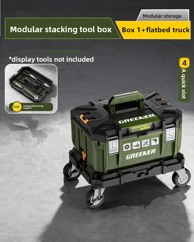 boîte outils modulaire pratique robuste vert olive mat poignées roulettes compartiments divisibles