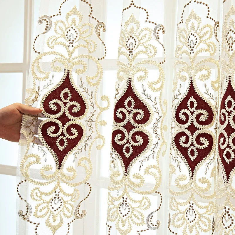 rideau beige marron broderie florale élégant classique transparent anneaux franges décoratives
